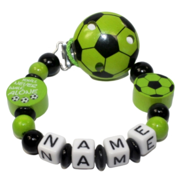 Schnullerkette mit Namen, Fußballmotiv in Grün-Schwarz, Clip und Motivperlen, Wendemotiv "You'll never walk alone"