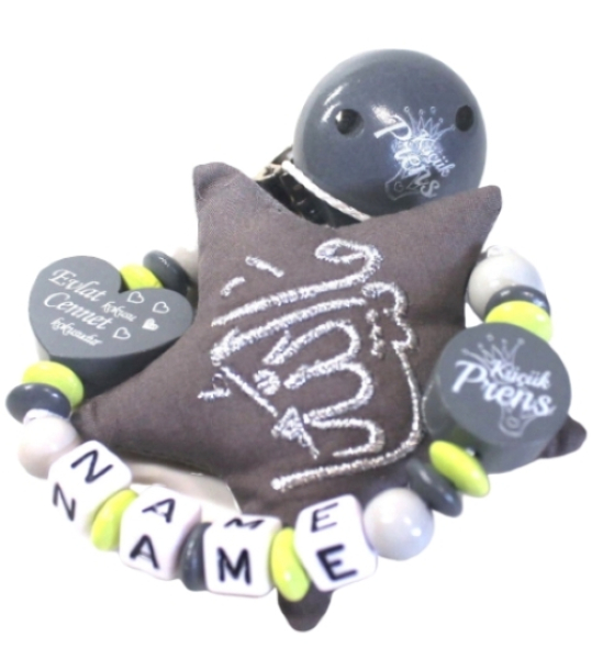 Schnullerkette Mashallah mit grauem Stoffstern, personalisiert mit Namen für Babygeschenk