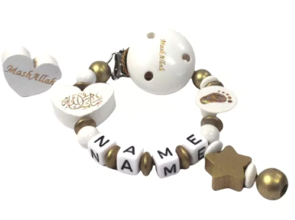 Weiß-goldene MashAllah Schnullerkette mit Clip, handgefertigt und personalisierbar mit Namen für Jungen und Mädchen