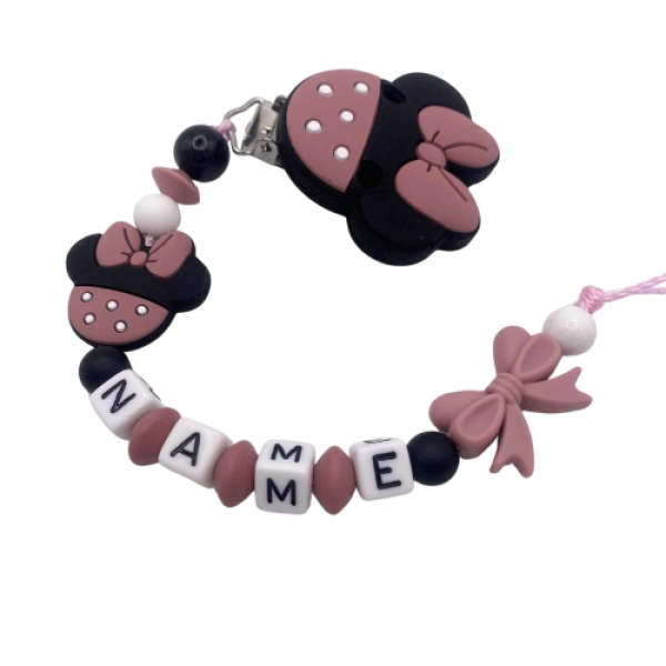 Personalisierte Schnullerkette Maus in Braun aus Silikon- und Holzperlen für Babys, sicher und ideal zum Zahnen