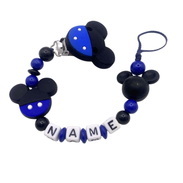 Dunkelblaue Schnullerkette Maus mit Namen, sichere Baby-Silikon- und Holzperlen, perfektes Geschenk zur Geburt oder Taufe