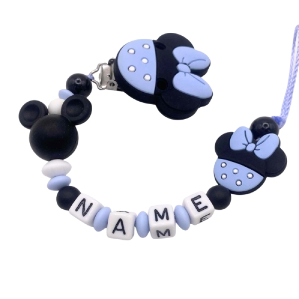 Personalisierte Schnullerkette Maus in Hellblau mit Babyname – Babygeschenk für Jungen