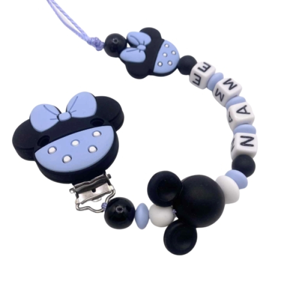 Hellblaue Schnullerkette mit Maus-Motiv und Wunschname für Jungen