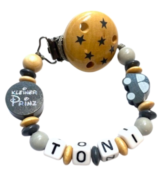 Personalisierte Schnullerkette Auto mit Sternen-Clip, Kleiner Prinz Scheibe und Mini-Auto in Grau/Natur