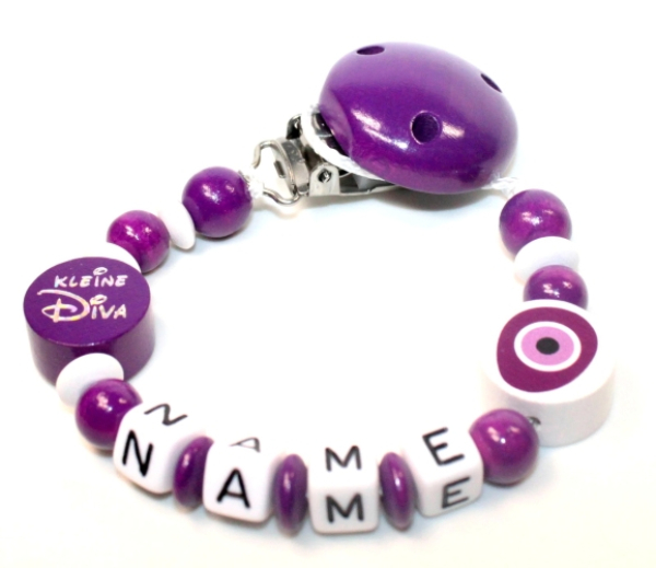 Personalisierte Schnullerkette mit Namen Nazar Glücksauge Kleine Diva purpurlila