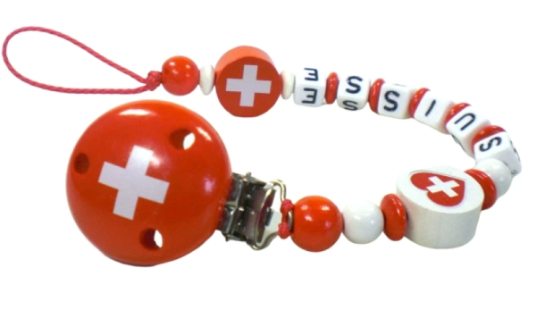Personalisierte Schnullerkette mit Schweiz-Flagge und Wunschname für Babys