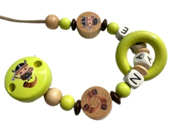 Schnullerkette Wikinger in lemongrün mit personalisiertem Namen – Holzperlen und Motivclip für Babys