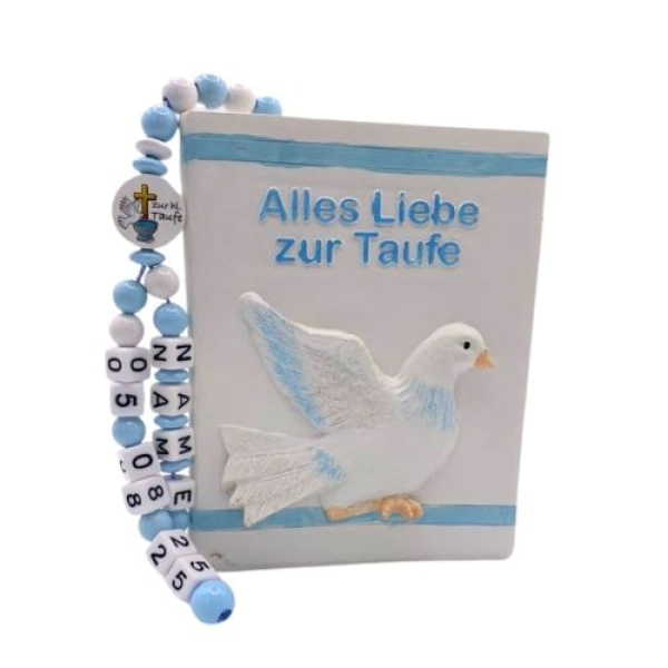 Personalisierte Buch-Spardose zur Taufe für Jungen mit blauem Design und Taubenmotiv
