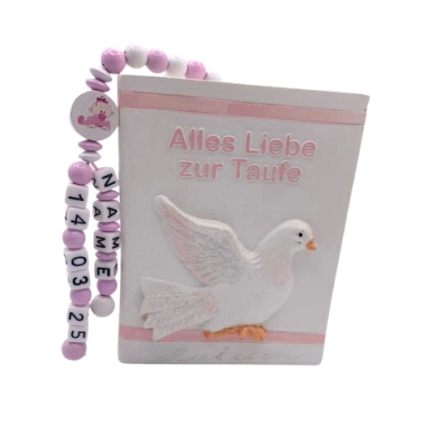 Personalisierte Buch-Spardose zur Taufe für Mädchen mit rosa Design und Taubenmotiv