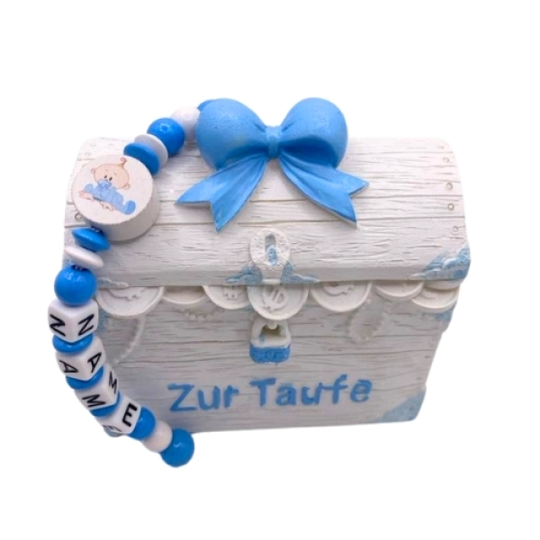 Spardose Taufe Junge – Schatztruhe mit Name und Taufdatum