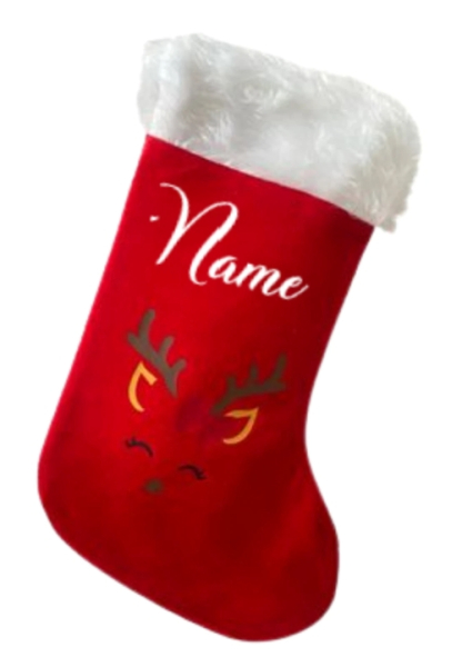 XXL Nikolausstiefel aus Plüsch mit Rentiermotiv, personalisierbar mit Wunschnamen – perfekt als Nikolaus- oder Weihnachtsgeschenk.