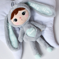 Kuscheliger Hase in grau/mintgrün von Metoo, ideal für Babys und kleine Kinder, mit personalisierbarem Design und weichem Plüschmaterial.
