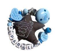 Schnullerkette Mashallah in hellblau , Stoffstern mashallah in grau und personalisiert mit Namen