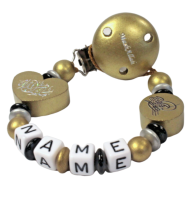 Schnullerkette mit namen in gold, schwarz, silber mit Mashallah Clip und Motivherz und Basmala Motiv.