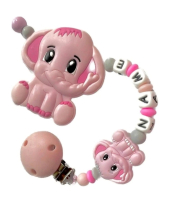 Rosa Elefanten-Beißring aus Silikon mit Schnullerkette und personalisierbaren Buchstabenperlen – sicheres und niedliches Babyspielzeug.