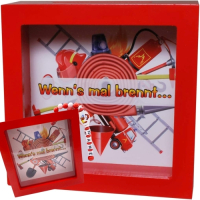 Spardose im Bilderrahmen-Stil mit Feuerwehr-Motiv und Spruch 'Wenn’s mal brennt…'