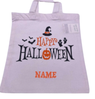 Personalisierte Halloweentasche für Kinder mit Happy Halloween, Hexenhut und Fledermäusen