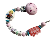 Personalisierte Feuerwehr-Schnullerkette für Mädchen mit Namen, Feuerwehrauto 110 und Feuerwehrmann-Motiv