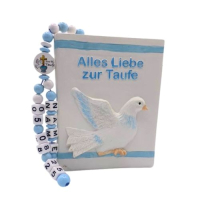 Personalisierte Buch-Spardose zur Taufe für Jungen mit blauem Design und Taubenmotiv